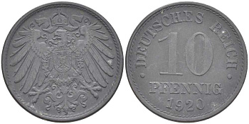ГЕРМАНИЯ 10 ПФЕННИГОВ 1920 (1917-1922) KM 26, J. 299, Weege 8 цинк 210-231
