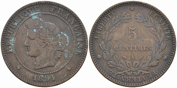 ФРАНЦИЯ 5 САНТИМОВ 1891 A, ТРЕТЬЯ РЕСПУБЛИКА (1871-1940) KM 821.1, LE FRANC 118.34 бронза 108-736