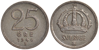 Швеция 25 эре 1946 TS, Густав V (1907-1950) KM 816 серебро 4179-863