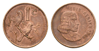 ЮАР 1 цент 1966 Ян ван Рибек (1619-1677), Suid Africa, легенда на африкаанс, капские воробьи KM 65.2 бронза 4643-113