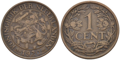 НИДЕРЛАНДЫ 1 ЦЕНТ 1920 ВИЛЬГЕЛЬМИНА (1890-1948) KM 152 бронза 100-742
