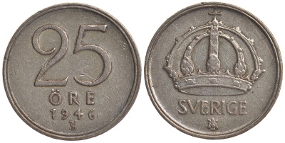 Швеция 25 эре 1946 TS, Густав V (1907-1950) KM 816 серебро 4179-863