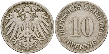 Германия 10 пфеннигов 1900 D J. 13,  KM 12 медно-никель    4603-557