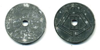 БЕЛЬГИЯ 25 САНТИМОВ 1943 BELGIE-BELGIQUE, ГЕРМАНСКАЯ ОККУПАЦИЯ, ВТОРАЯ МИРОВАЯ ВОЙНА KM 132 цинк 86-1024