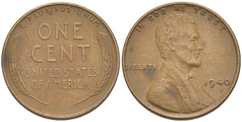 США 1 ЦЕНТ 1940 ЛИНКОЛЬН KM 132 бронза 3309-1245