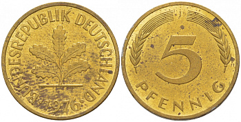 ФРГ 5 ПФЕННИГОВ 1976 J KM 107, J. 382 сталь плакированная латунью 4547-1157