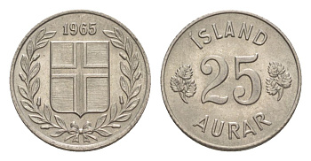 Исландия 25 эйре 1965 KM 11 медно-никель UNC 4632-949