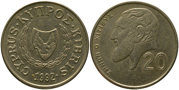 Кипр 20 центов 1992 KM 62.2 никель латунь 4402-221