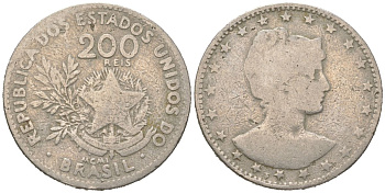 Бразилия 200 реалов 1901 MCMI, голова свободы вправо KM 504 медно-никель 4612-145
