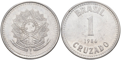 Бразилия 1 крузадо 1986 KM 605 нержавеющая сталь 213-856