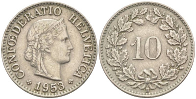 ШВЕЙЦАРИЯ 10 РАППЕНОВ 1953 В KM 27 медно-никель 55-237