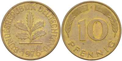 ФРГ 10 пфеннигов 1976 F KM 108, J. 383 сталь плакированная латунью 58-256