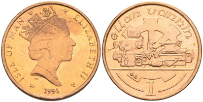 Остров Мэн 1 пенни 1994 АА, токарный станок, Елизавета II (1952) KM 207 бронза BUNC 4582-123