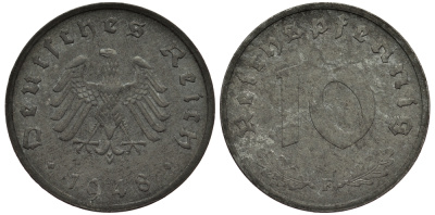 ГЕРМАНИЯ 10 РЕЙХСПФЕННИГОВ 1948 F J. 375, KM A104 цинк 413-4635