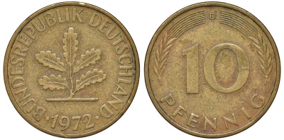 ФРГ 10 пфеннигов 1972 D KM 108, J. 383 сталь плакированная латунью 4132-546