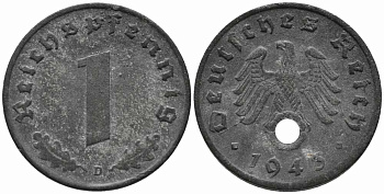 ГЕРМАНИЯ 1 РЕЙХСПФЕННИГ 1943 D KM 97, J. 369 цинк 112-125