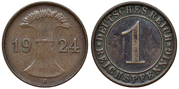 Германия 1 рейхспфенниг 1924 J KM 37, J. 313 бронза 4124-113