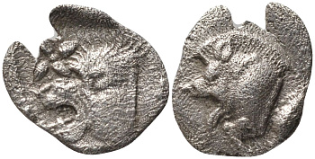 Древняя Греция, Мизия, Кизик гемитартеморион (1/8 обола) 480 - 450 гг. в. до н.э. голова льва / передняя часть туловища кабана, тунец, 0,33 гр SNG BN 375 серебро 1073-9-87