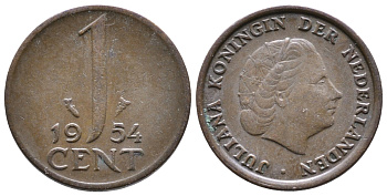 Нидерланды 1 цент 1954 Юлиана (1949-1980) KM 180 бронза 177-519