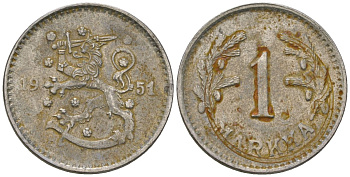 Финляндия 1 марка 1951 H KM 30b железо 4173-1048