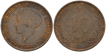 Люксембург 10 сантимов 1930 Шарлотта (1918-1964) KM 41 бронза 4577-555