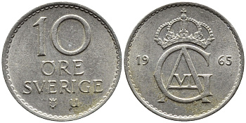 Швеция 10 эре 1965 U, Густав VI Адольф (1950-1973) KM 835 медно-никель 4392-131