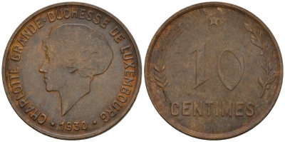 Люксембург 10 сантимов 1930 Шарлотта (1918-1964) KM 41 бронза 4577-555