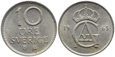 Швеция 10 эре 1965 U, Густав VI Адольф (1950-1973) KM 835 медно-никель 4392-131