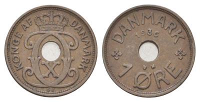 Дания 1 эре 1936 N, Кристиан X (1912-1947) KM 826 бронза 4701-568