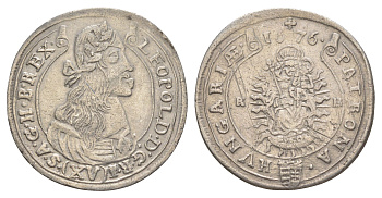 Венгрия 15 крейцеров 1676 KB, Леопольд I (1657-1705) KM 175, EH 1058 серебро 650-724