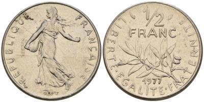 Франция 1/2 франка 1977 сеятель KM 931.1 никель    4152-1239