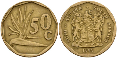 ЮАР 50 центов 1991 цветок KM 137 сталь плакированная латунью 4163-1131