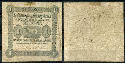 Аргентина, Буэнос-Айрес 1 песо 1867 овца Pick S471  бумага   451-371-3