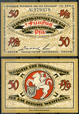 Германия, Арнсберг 50 пфеннигов 1920 нотгельд, 1.7.1919 Tie.0195/02  бумага  UNC (пресс) 444-82-3-2