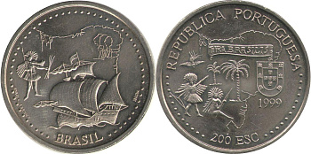 Португалия 200 эскудо 1999 500 лет с момента открытия Бразилии KM 718 медно-никель UNC 4677-535