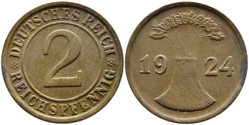 ГЕРМАНИЯ 2 РЕЙХСПФЕННИГА 1924 D KM 38, J. 314 бронза 4387-1139
