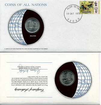 Малайзия 50 сенов 1977 конверт с маркой первого дня гашения, Coins of Nations KM 5.3 медно-никель UNC 4294-39-1
