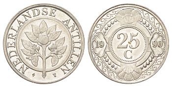 Нидерландские Антильские острова (Нидерландские Антилы) 25 центов 1990 KM 35 сталь плакированная никелем UNC 4625-531