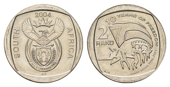 ЮАР 2 ранда 2004 10 лет первым всеобщим выборам KM 334 медь плакированная никелем UNC 4628-132