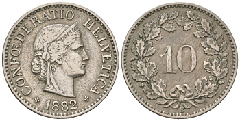 Швейцария 10 раппенов 1882 B KM 27 медно-никель 4164-238