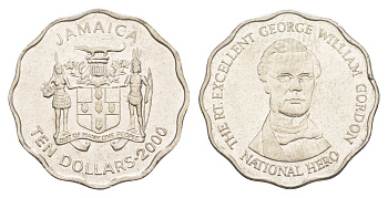 Ямайка 10 долларов 2000 KM 181 сталь плакированная никелем 4642-1027