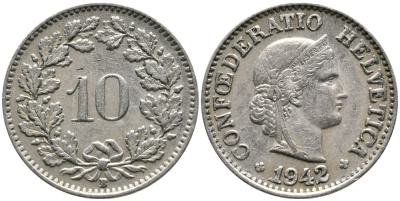 ШВЕЙЦАРИЯ 10 РАППЕНОВ 1942 В KM 27 медно-никель 4539-441
