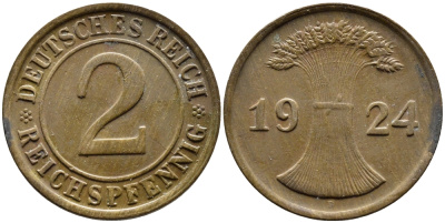 ГЕРМАНИЯ 2 РЕЙХСПФЕННИГА 1924 D KM 38, J. 314 бронза 4387-1139