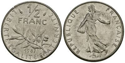 Франция 1/2 франка 1987 сеятель KM 931 никель 4135-733