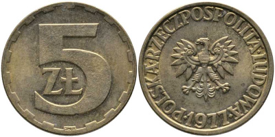 Польша 5 злотых 1977 монетный двор Ленинград (ЛМД) KM 81.1, Parchimowicz 221c латунь 110-844