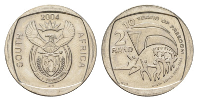 ЮАР 2 ранда 2004 10 лет первым всеобщим выборам KM 334 медь плакированная никелем UNC 4628-132