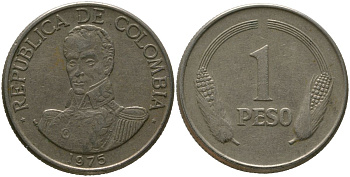 Колумбия 1 песо 1975 KM 258.1 медно-никель 4529-1011