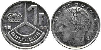 БЕЛЬГИЯ 1 ФРАНК 1989 BELGIQUE KM 170 сталь плакированная никелем 99-1219