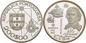 Португалия 200 эскудо 1992 Новый мир - Америка  KM 660а серебро PROOF 00-00