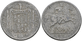 Испания 10 сентимо 1941 Франсиско Франко (1939-1975) KM 766 алюминий 4604-513